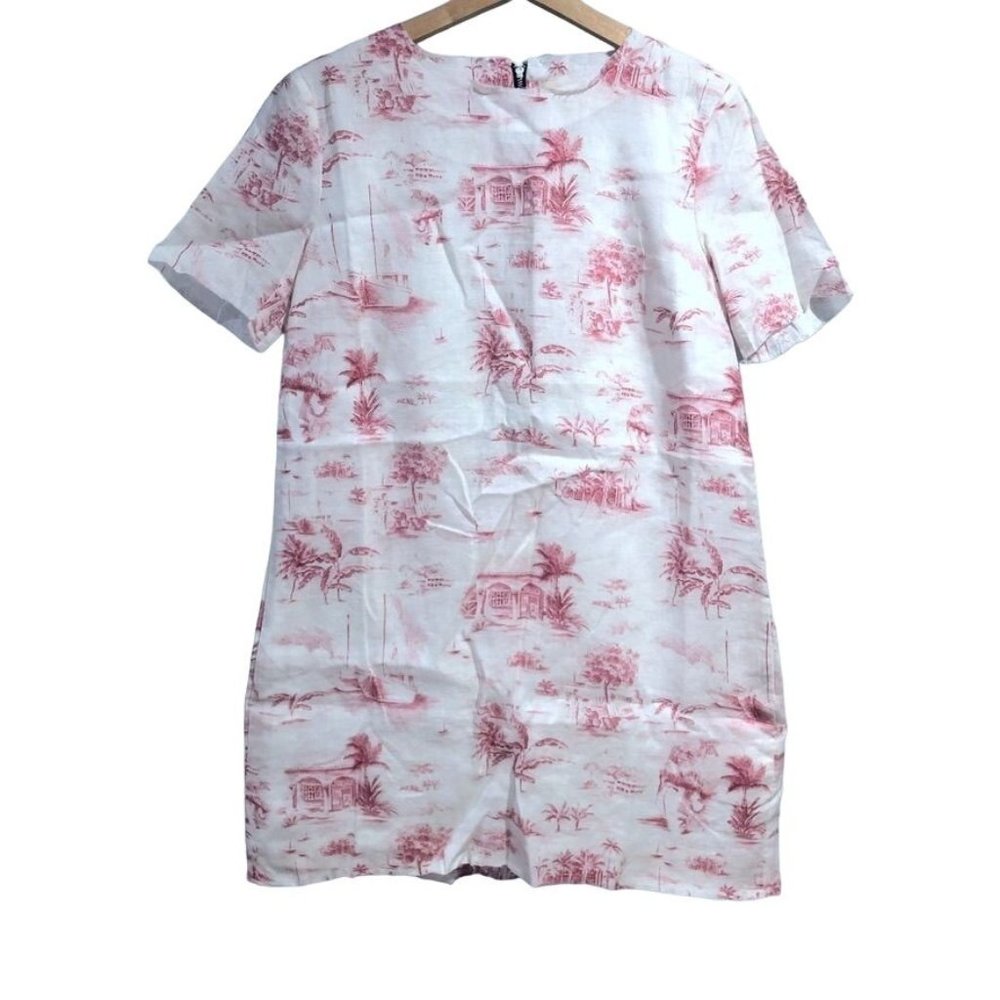 Band of Outsiders Tee Shirt Dress Pockets White Red Size 2 Medium Womens Linen